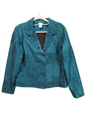 VTG Spiegel Womens S Turquoise Silk Jacket Beads Metallic Stitching Formal Party